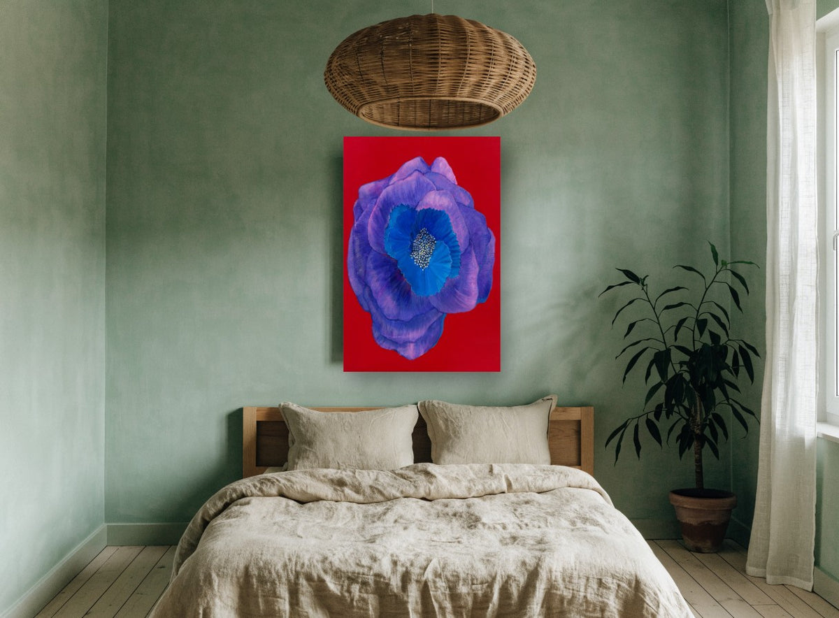 Violet Bloom on Red floral canvas print on the wall of a bedroom