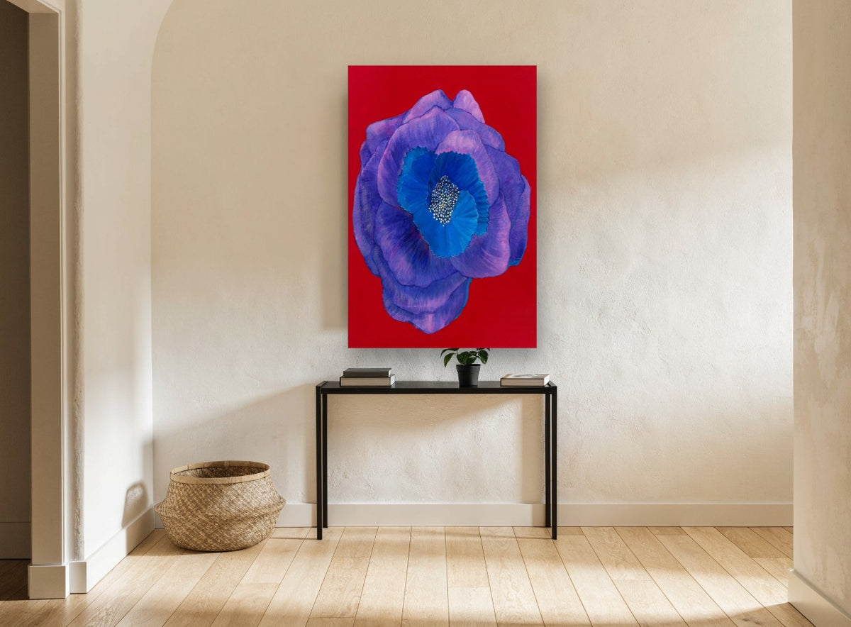 Violet Bloom on Red floral canvas print on the wall of a hallway