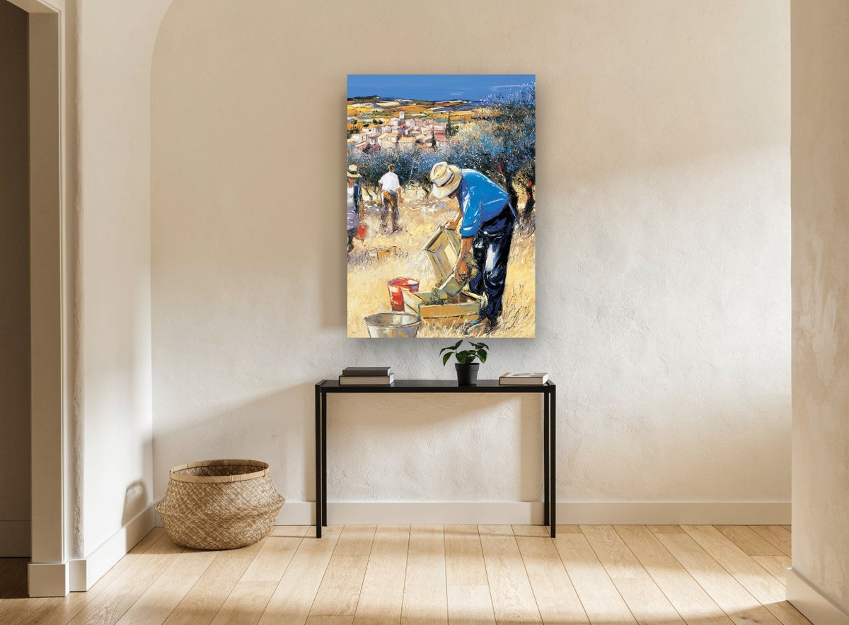 Olive Pickers Hillside vintage canvas print on the wall of a hallway