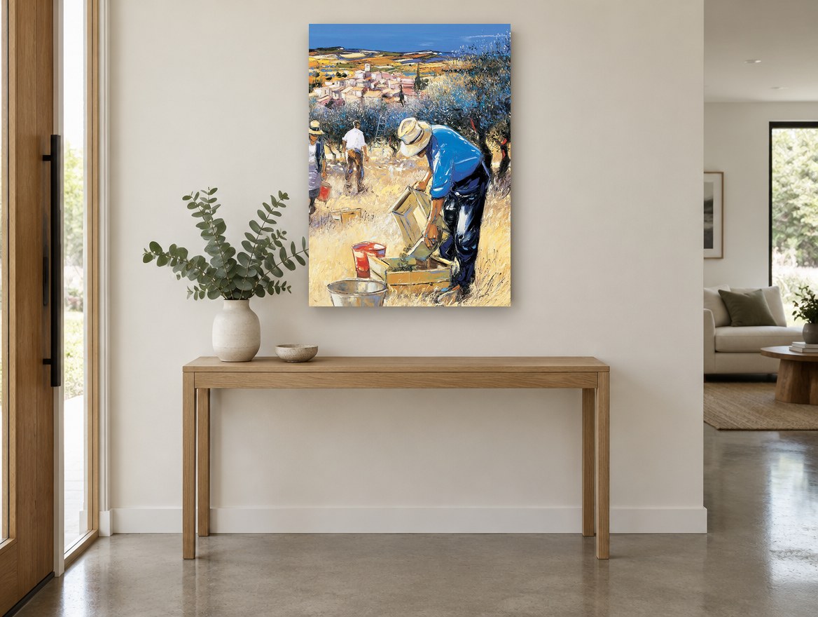 Olive Pickers Hillside vintage canvas print on the wall of a entry hall