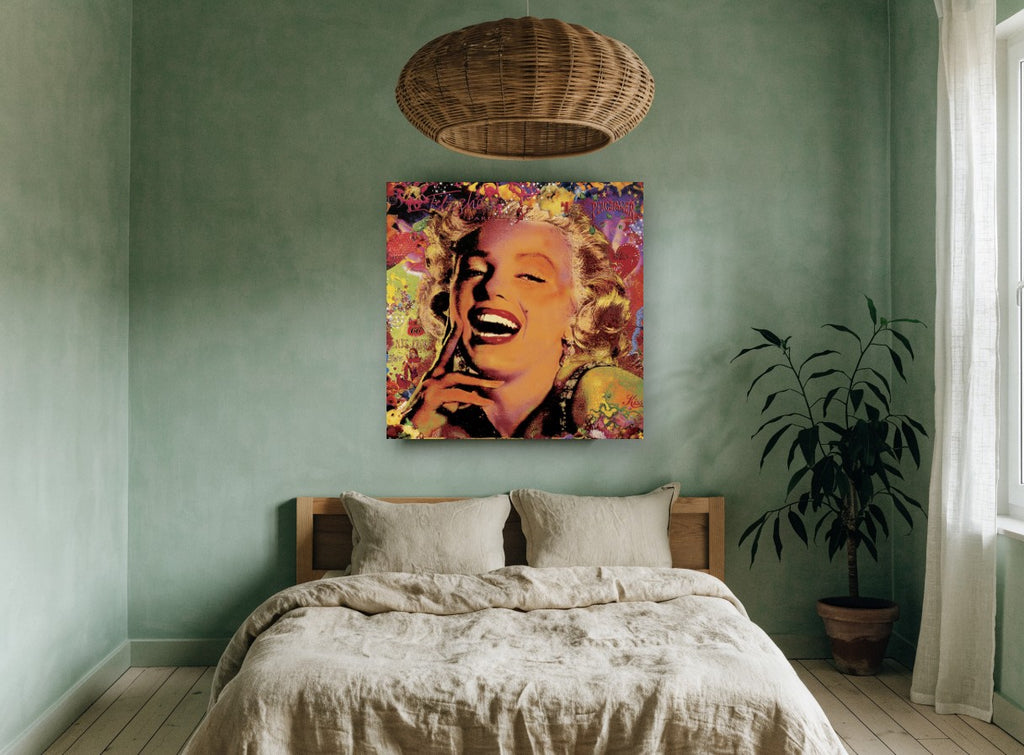 Laughing Pop Portrait vintage canvas print on the wall of a bedroom