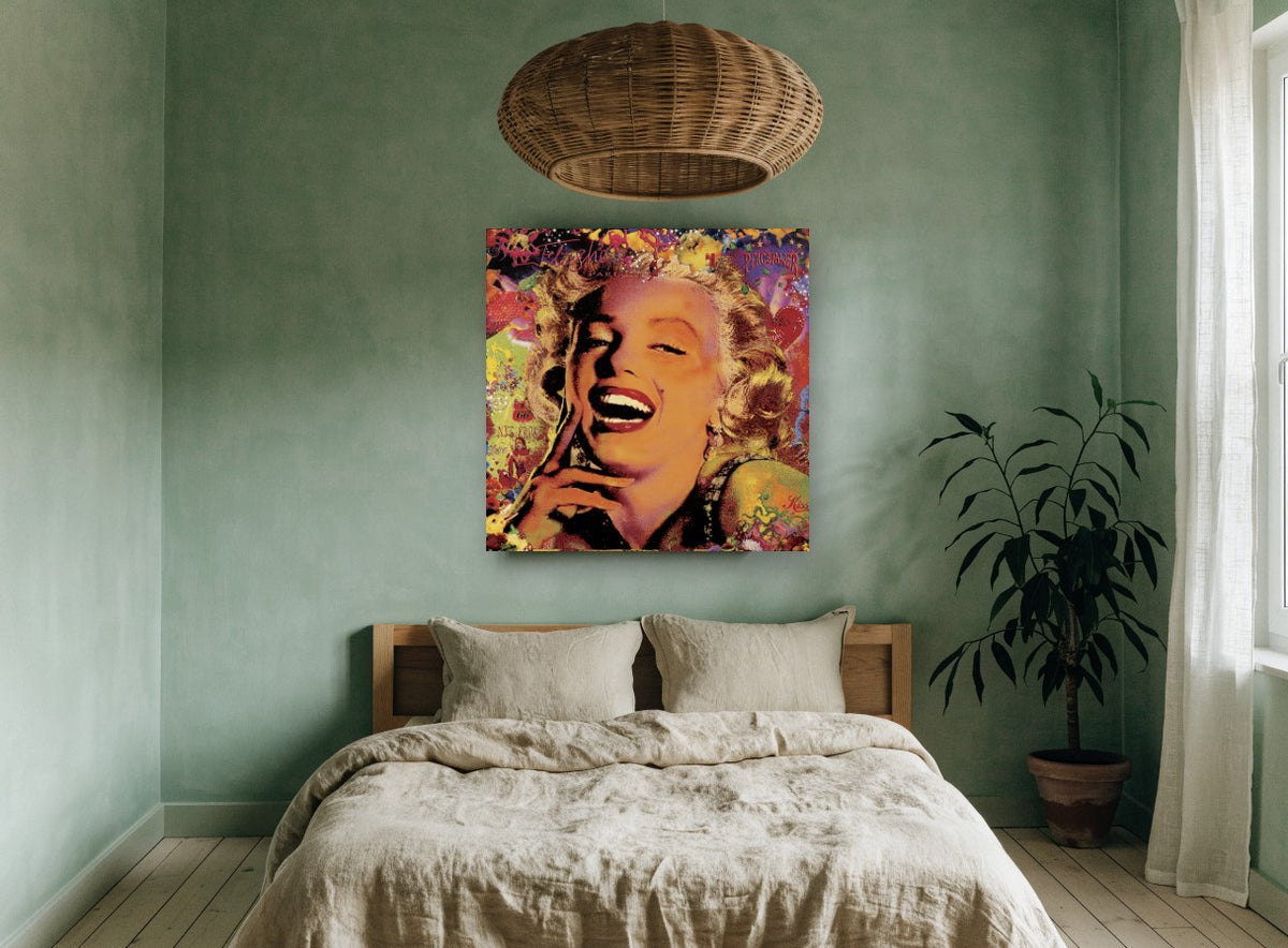 Laughing Pop Portrait vintage canvas print on the wall of a bedroom