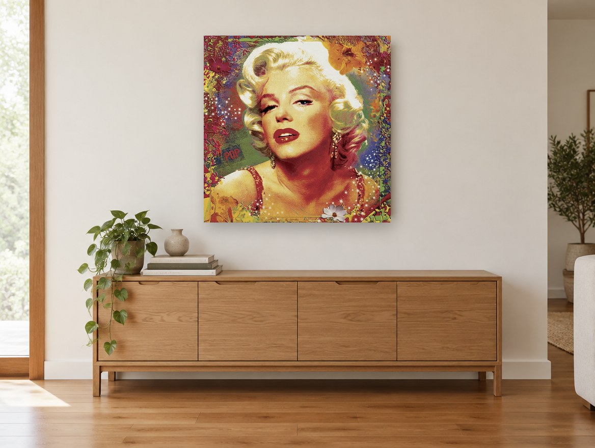 Pop Blonde in Bloom vintage canvas print on the wall of a living room above a sideboard