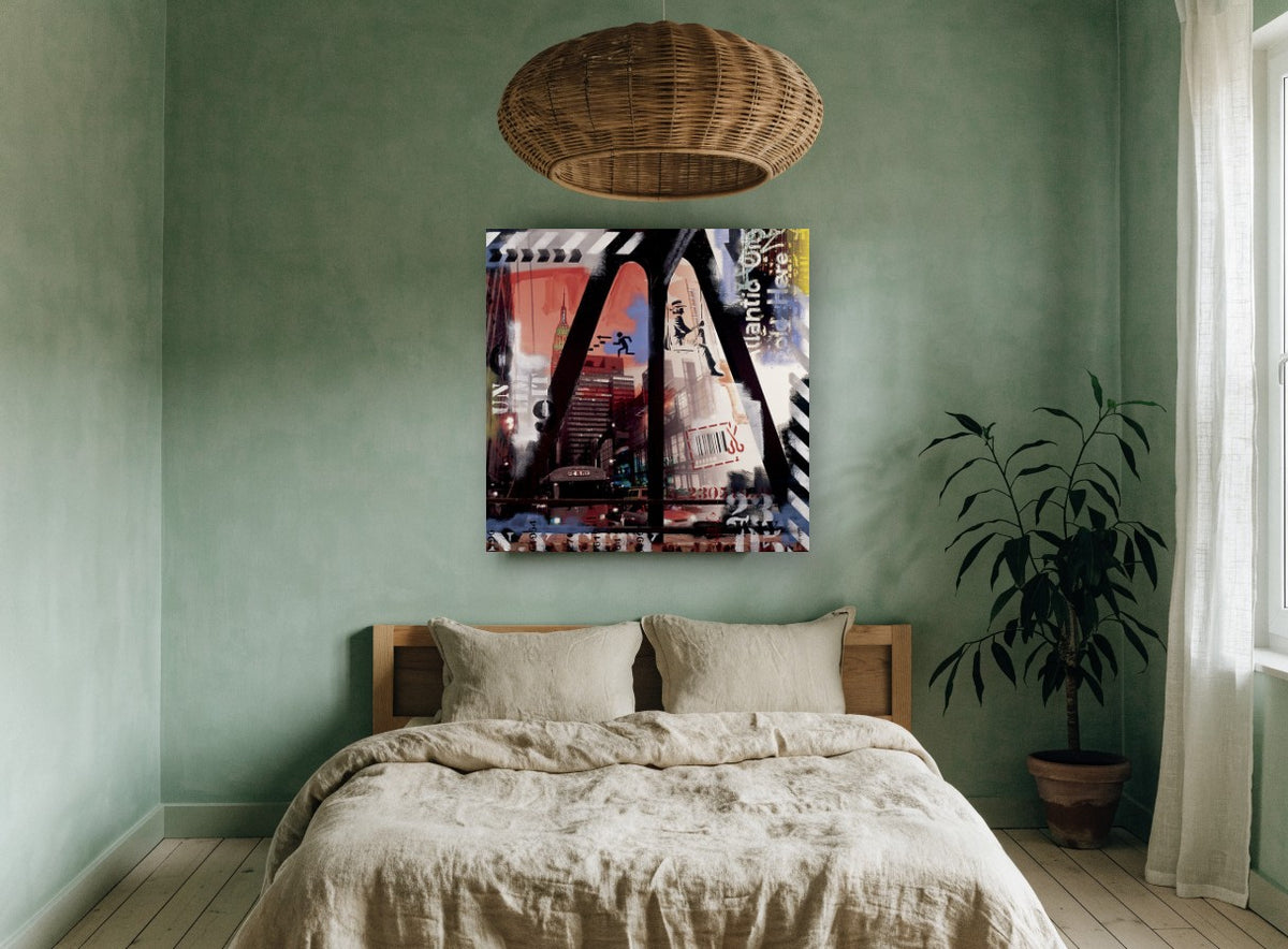 Empire State Collage city canvas print on the wall of a bedroom