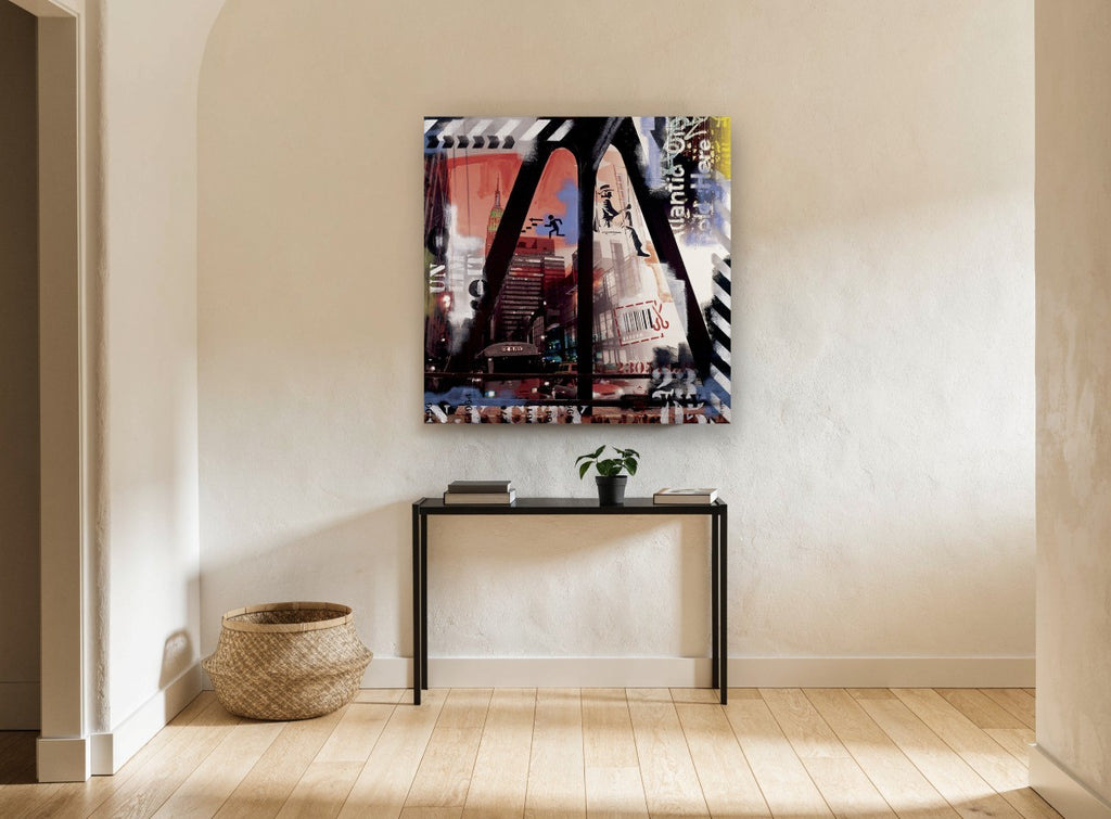 Empire State Collage city canvas print on the wall of a hallway
