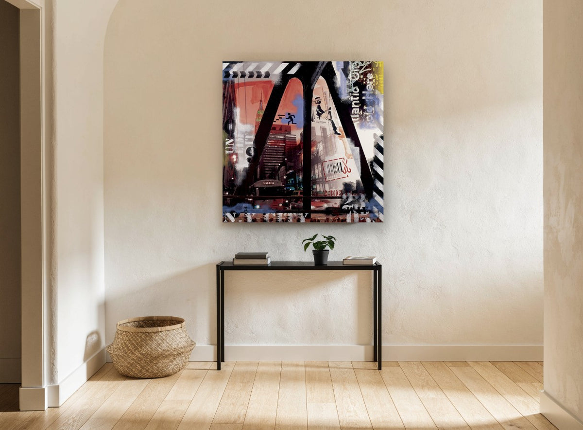 Empire State Collage city canvas print on the wall of a hallway