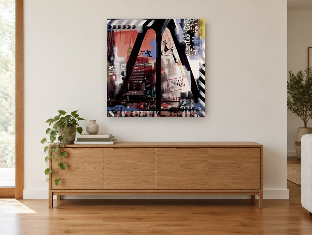 Empire State Collage city canvas print on the wall of a living room above a sideboard