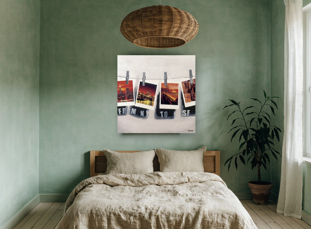 Postcards Pegged Out city canvas print on the wall of a bedroom