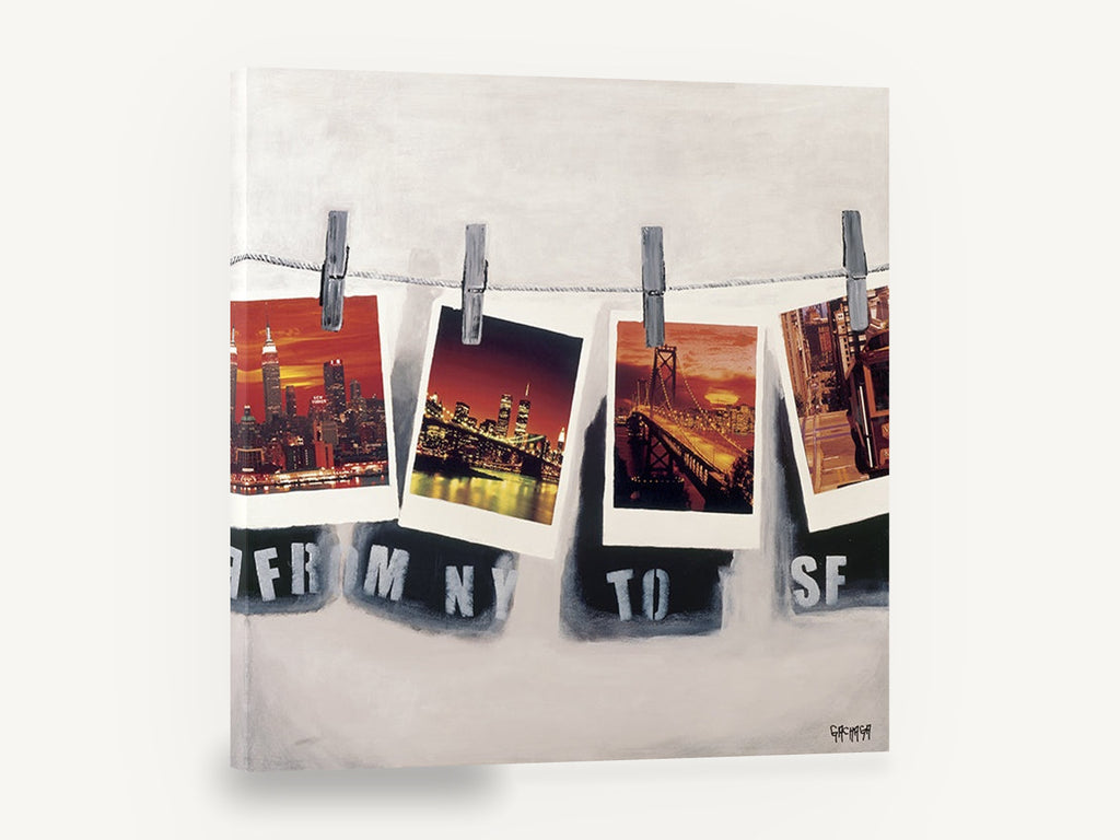 Postcards Pegged Out, new york to san francisco polaroid, city canvas wall art print ready to hang