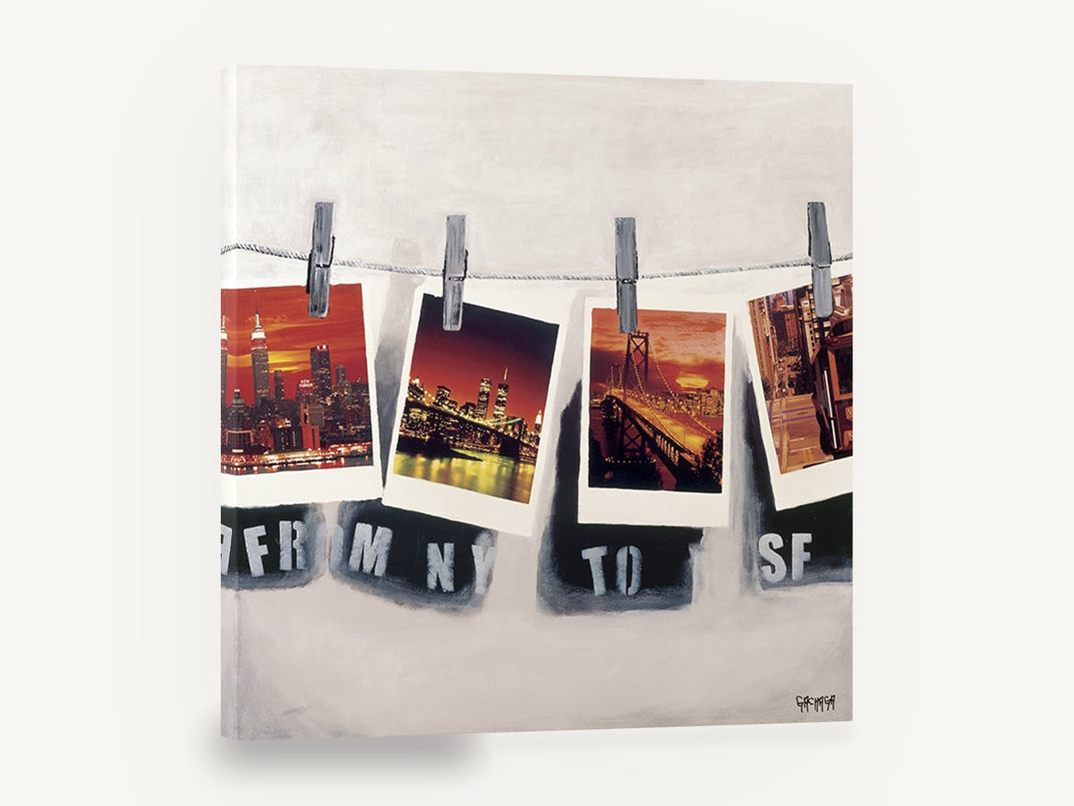 Postcards Pegged Out, new york to san francisco polaroid, city canvas wall art print ready to hang