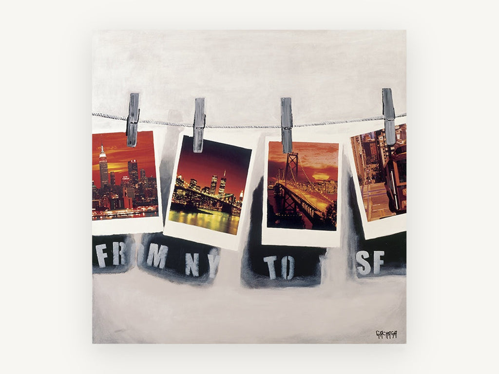 Postcards Pegged Out, new york to san francisco polaroid, city canvas wall art print, front view