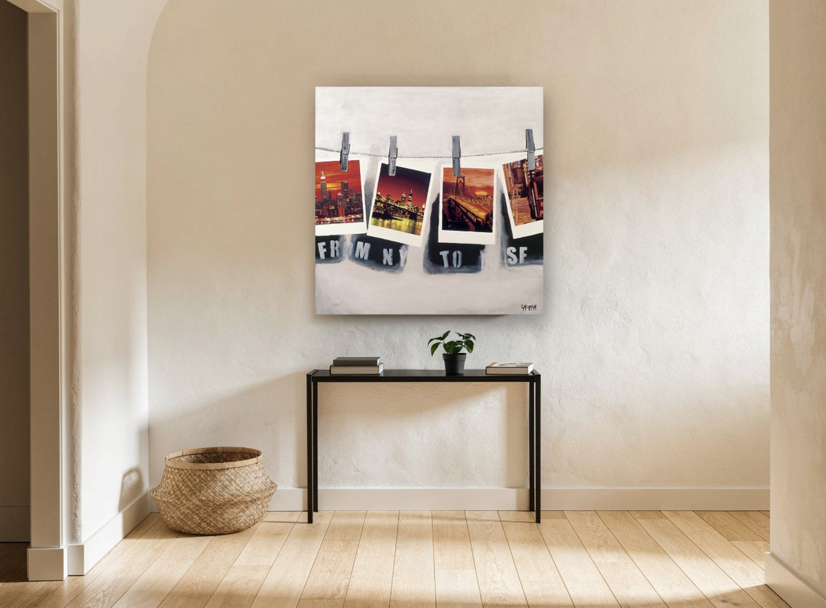 Postcards Pegged Out city canvas print on the wall of a hallway