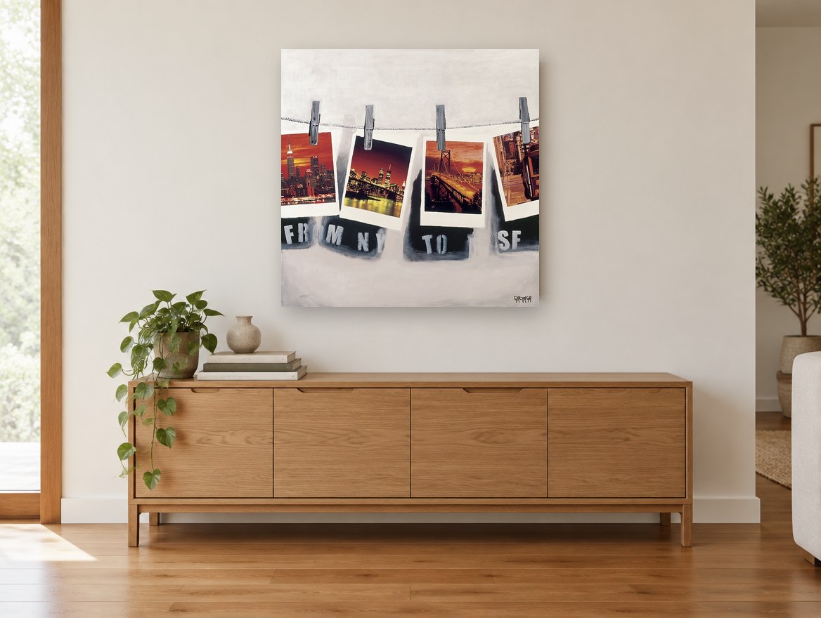 Postcards Pegged Out city canvas print on the wall of a living room above a sideboard