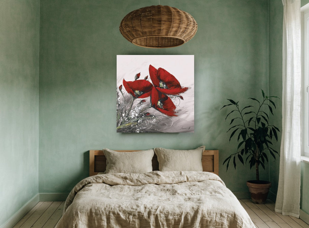 Crimson Poppy Trio floral canvas print on the wall of a bedroom