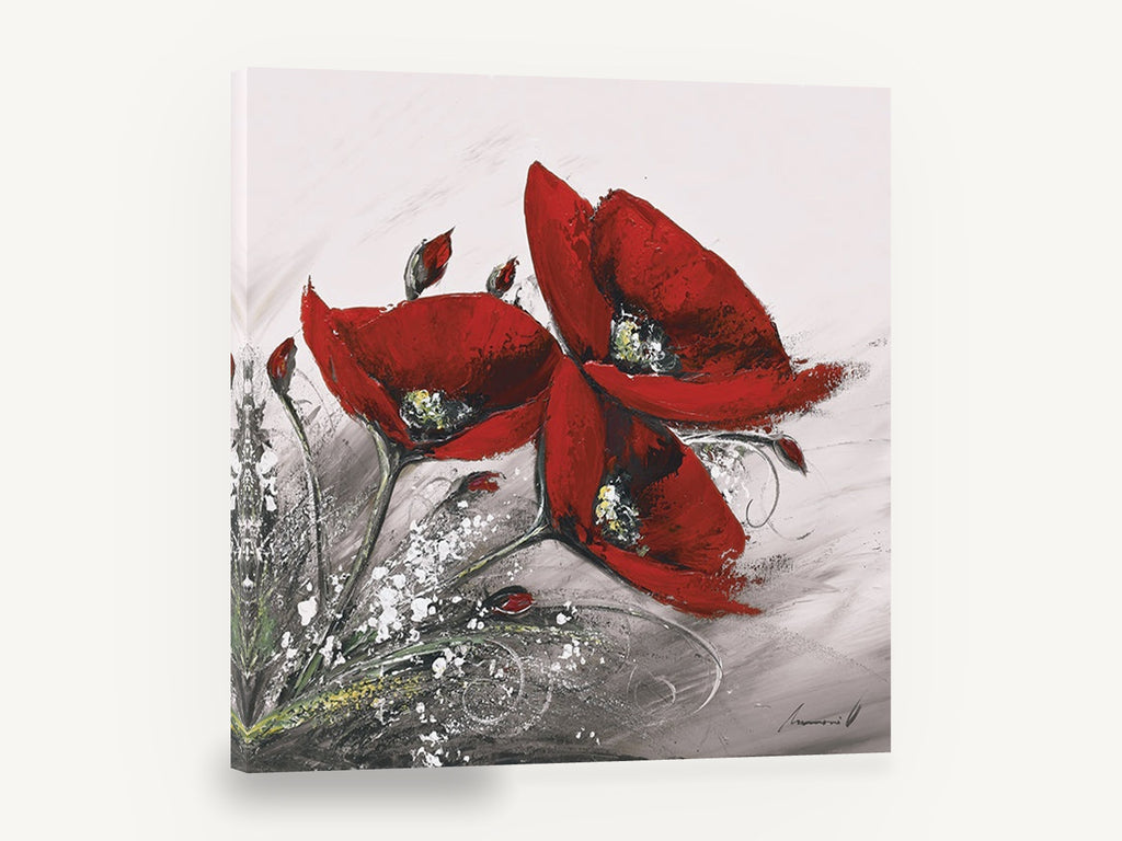 Crimson Poppy Trio, red poppies grey textured floral painting, floral canvas wall art print ready to hang
