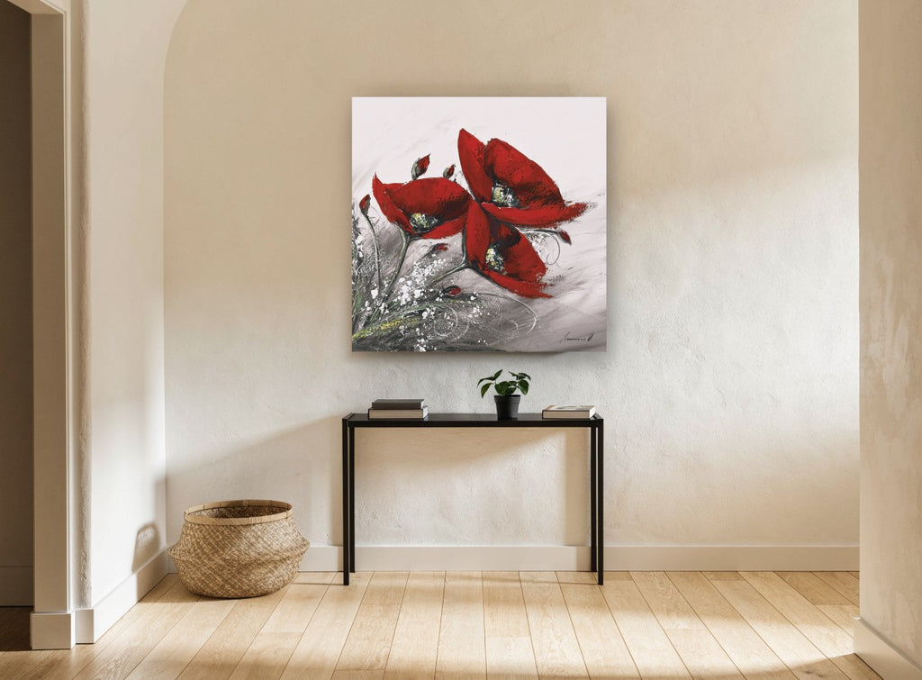 Crimson Poppy Trio floral canvas print on the wall of a hallway