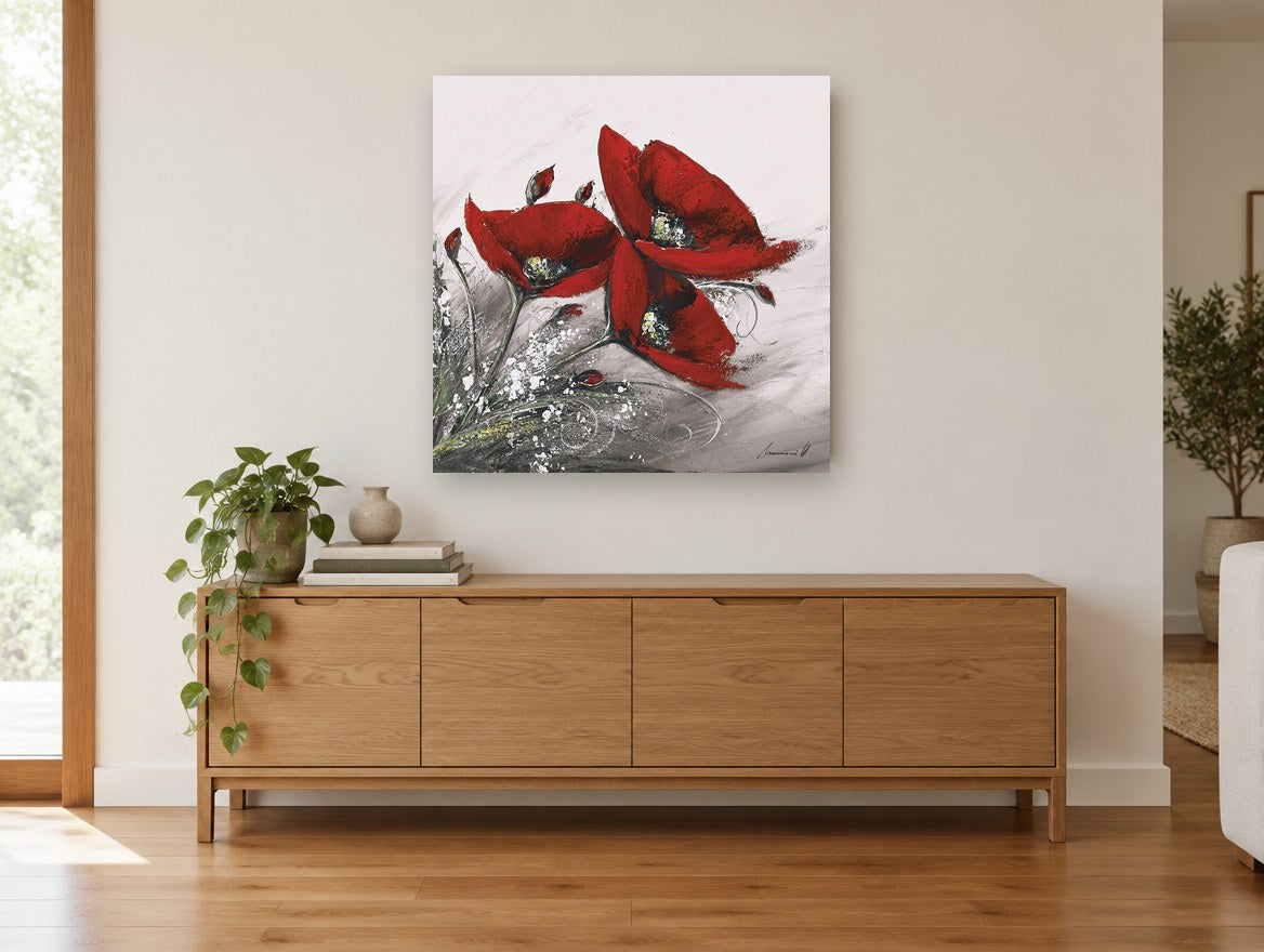 Crimson Poppy Trio floral canvas print on the wall of a living room above a sideboard