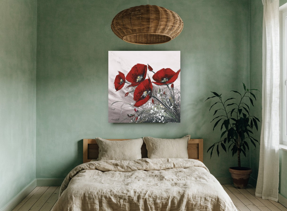 Crimson Poppies in Grey floral canvas print on the wall of a bedroom