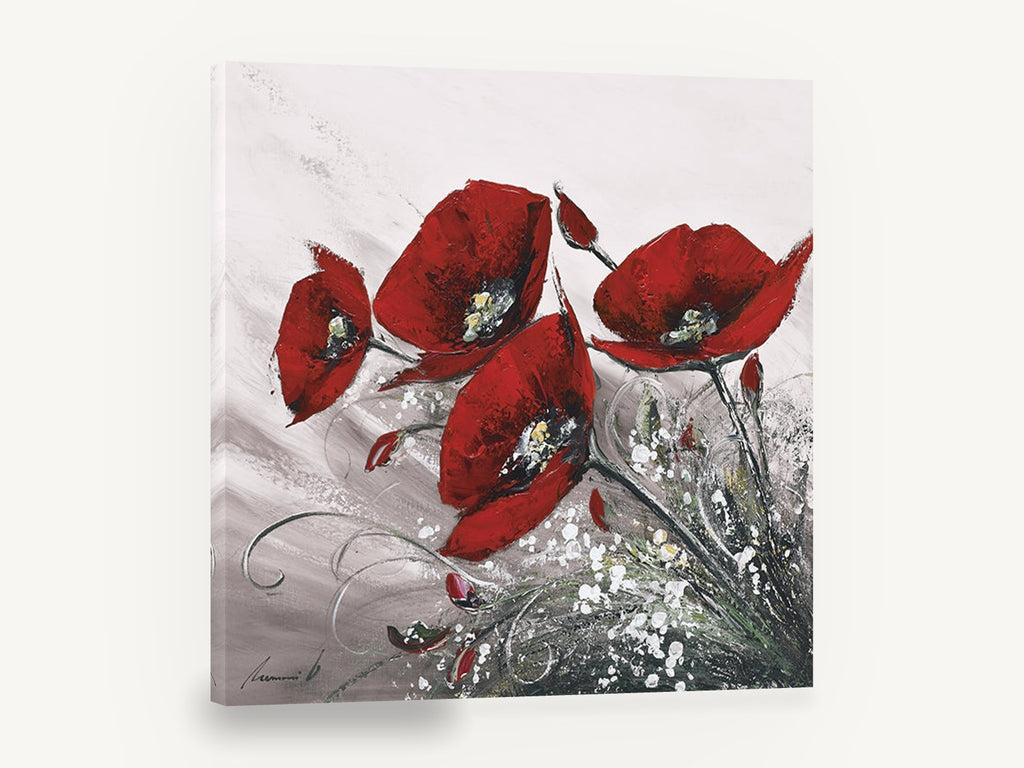 Crimson Poppies in Grey, red poppies textured floral painting, floral canvas wall art print ready to hang
