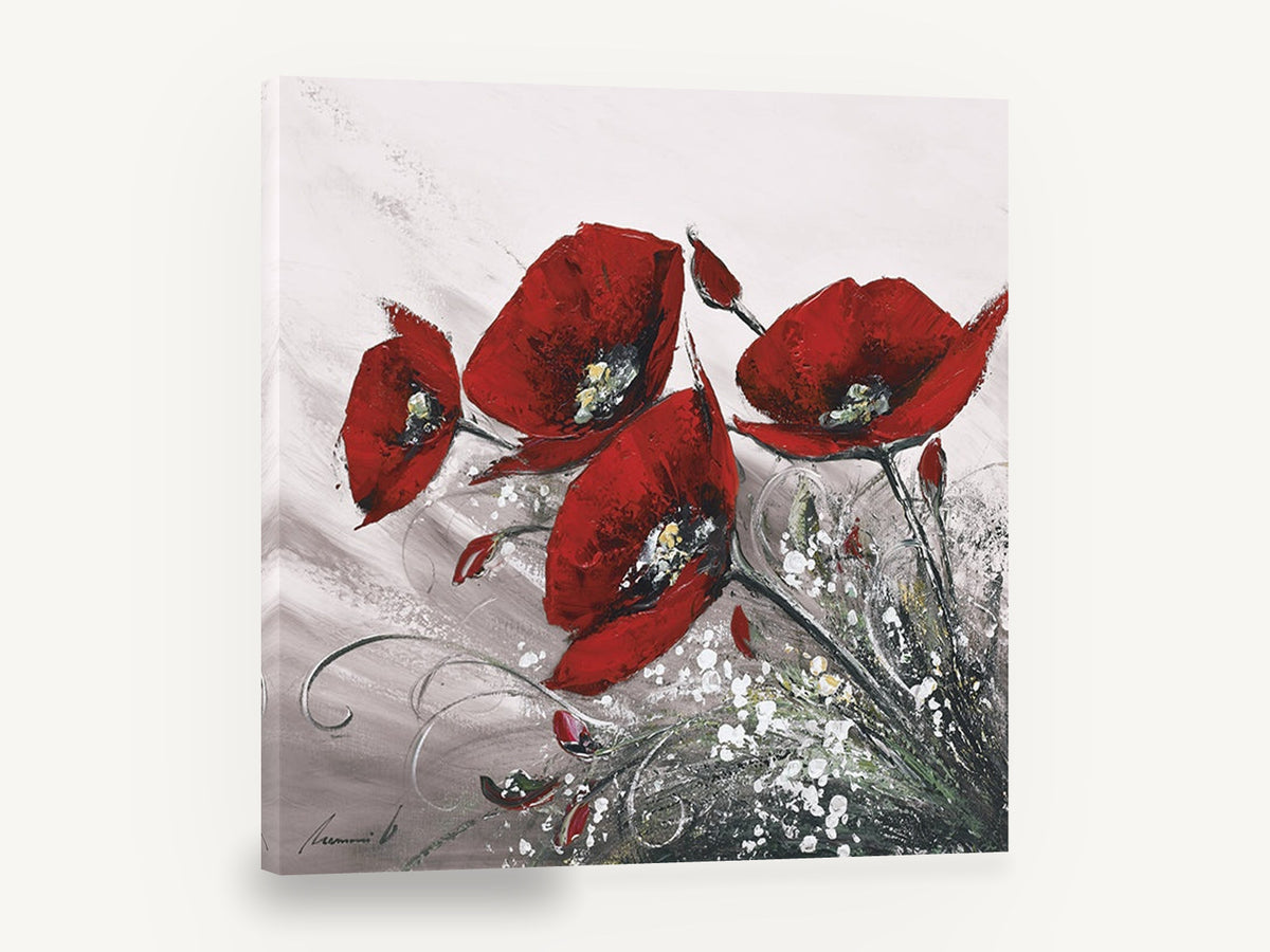 Crimson Poppies in Grey, red poppies textured floral painting, floral canvas wall art print ready to hang