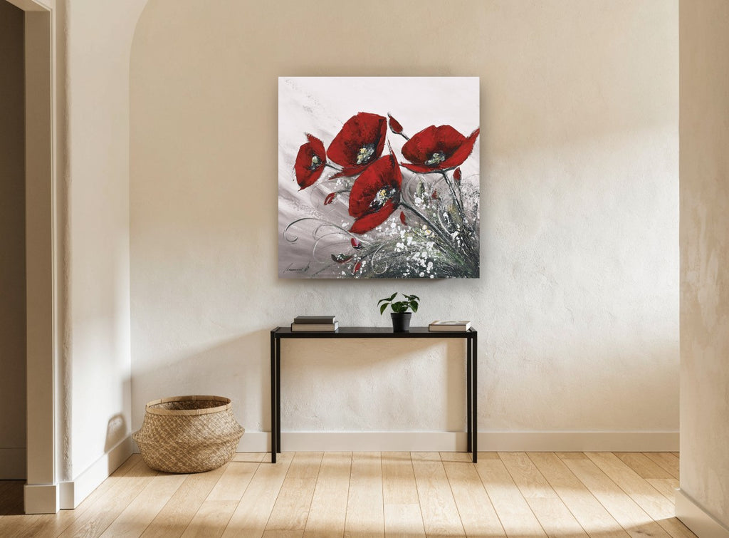 Crimson Poppies in Grey floral canvas print on the wall of a hallway