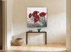 Crimson Poppies in Grey floral canvas print on the wall of a hallway