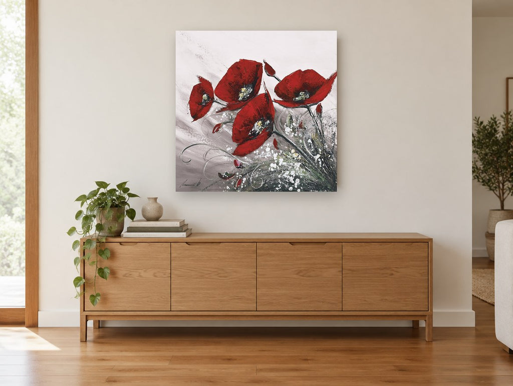 Crimson Poppies in Grey floral canvas print on the wall of a living room above a sideboard