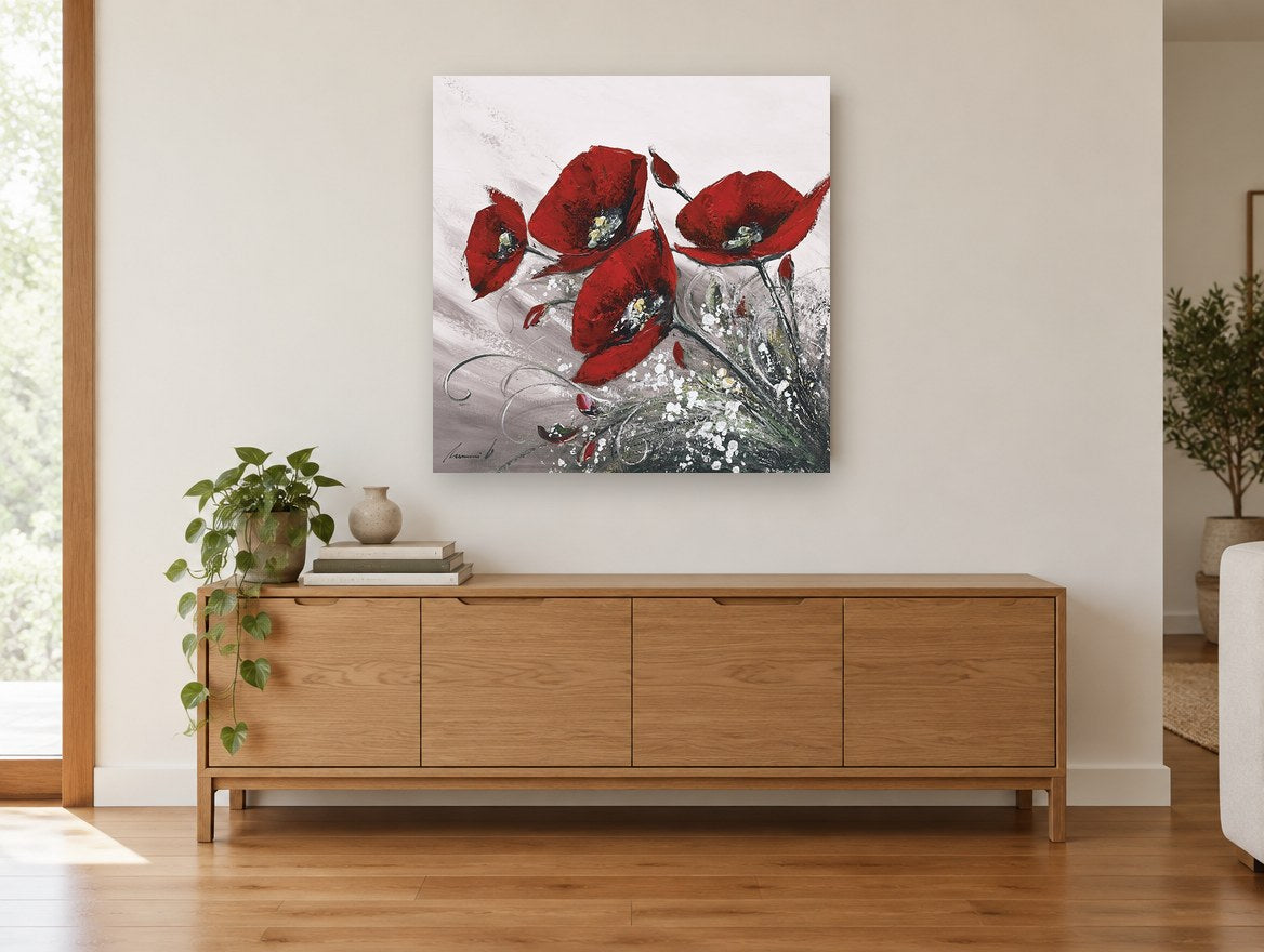 Crimson Poppies in Grey floral canvas print on the wall of a living room above a sideboard