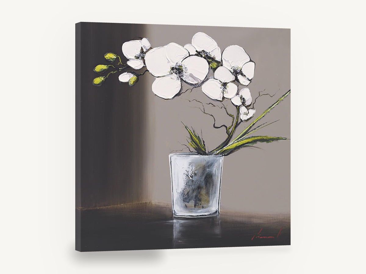 White Orchid in Glass, white orchid in glass floral painting, floral canvas wall art print ready to hang