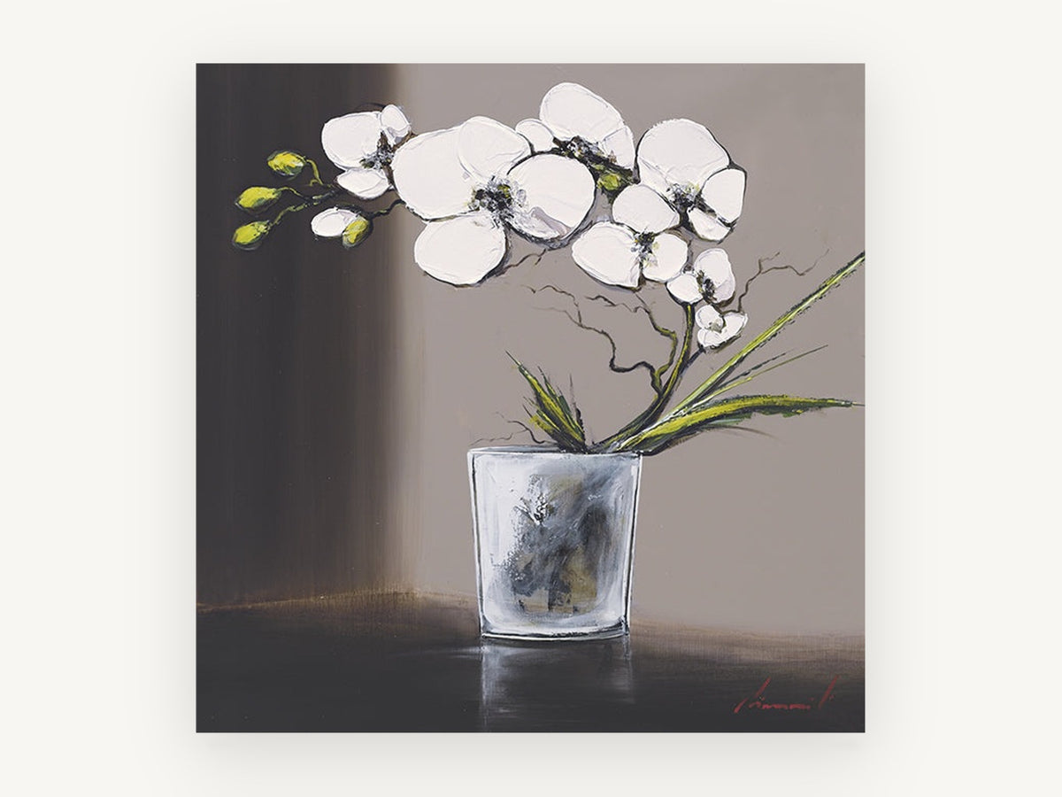 White Orchid in Glass, floral canvas wall art print, front view