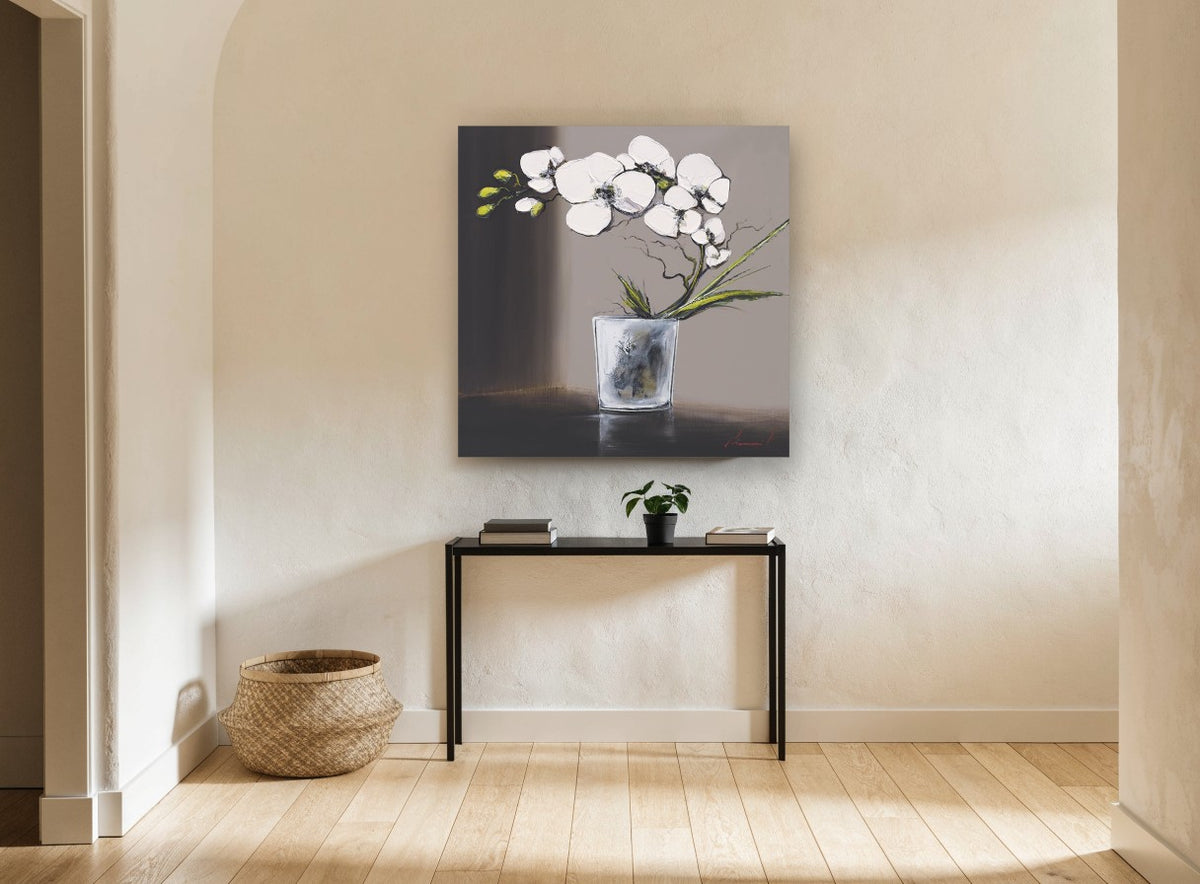White Orchid in Glass floral canvas print on the wall of a hallway