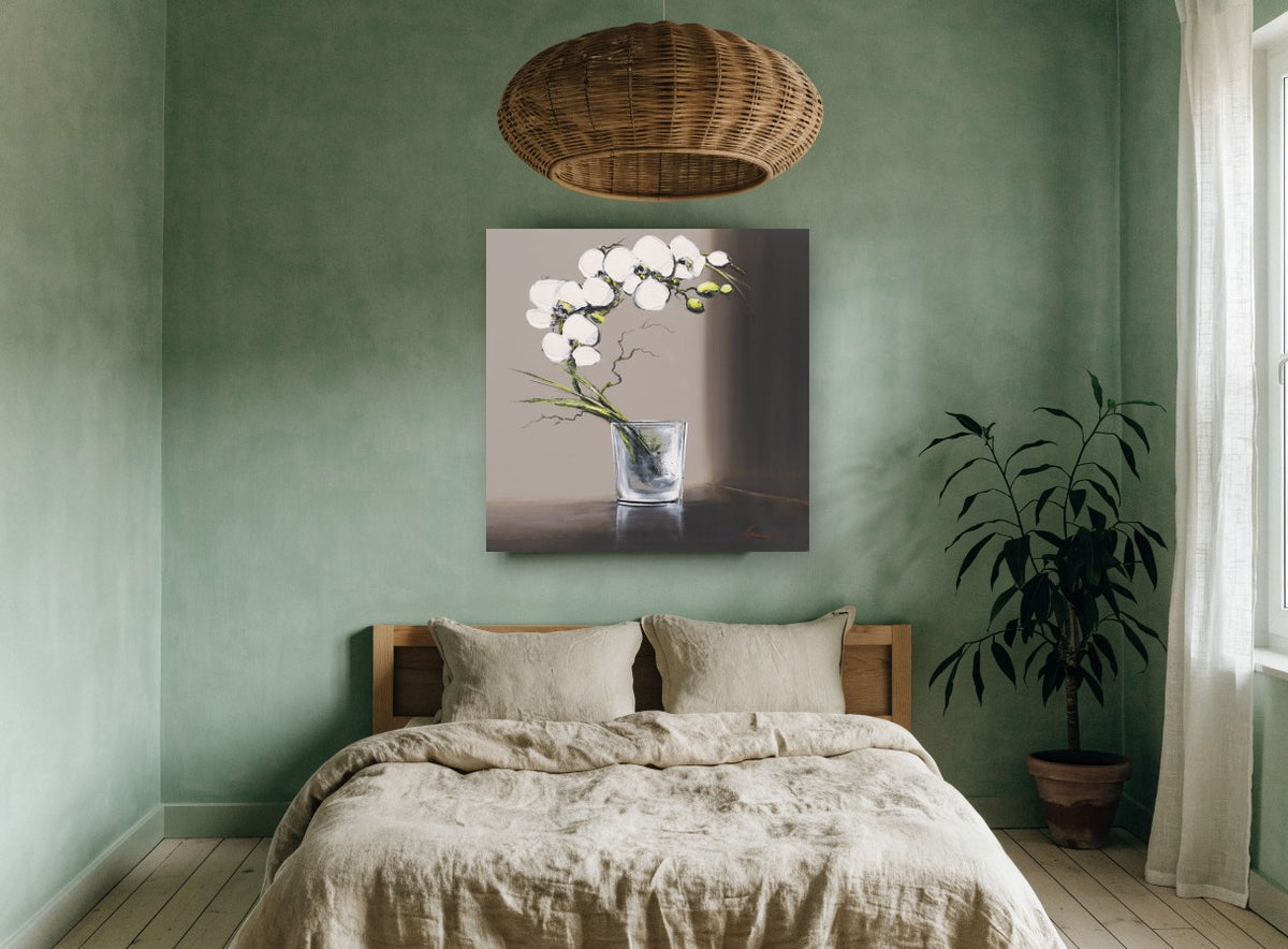 White Orchid in Glass floral canvas print on the wall of a bedroom
