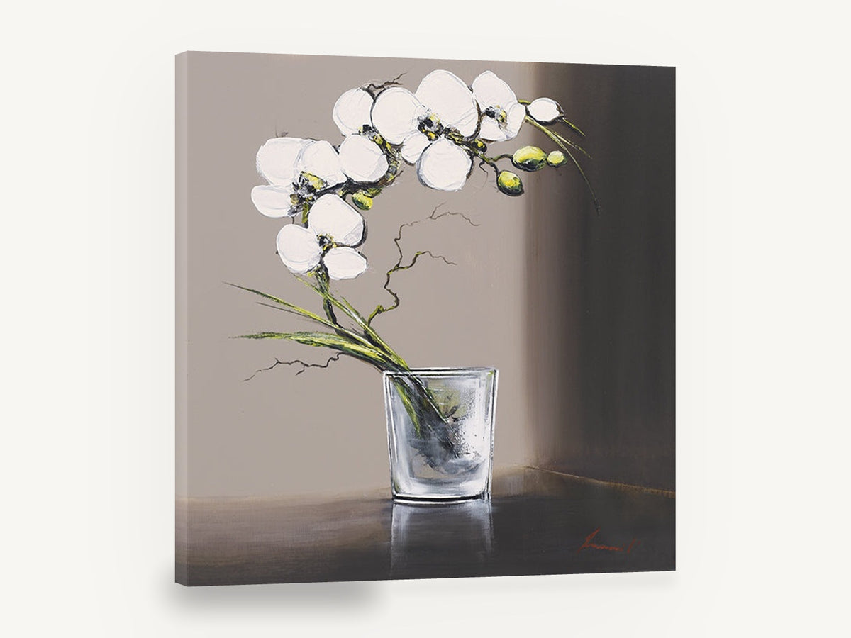White Orchid in Glass, white orchid in glass vase painting, floral canvas wall art print ready to hang