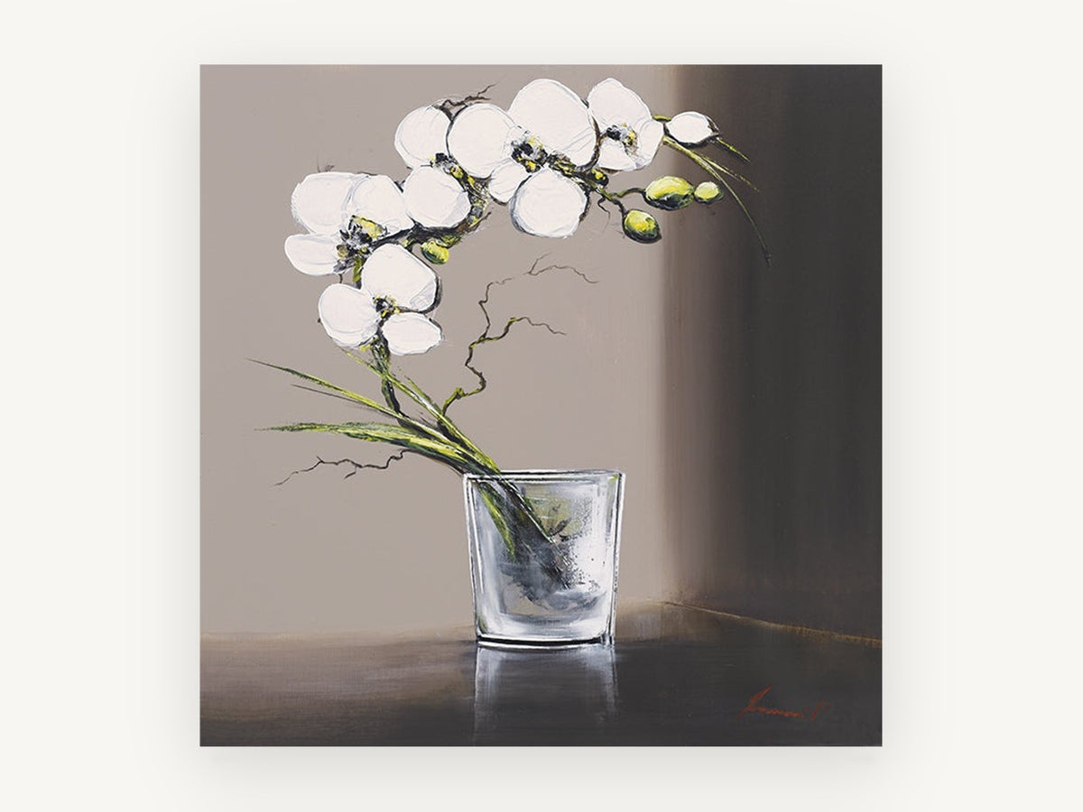 White Orchid in Glass, floral canvas wall art print, front view