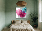 Dahlia Ink Bloom floral canvas print on the wall of a bedroom