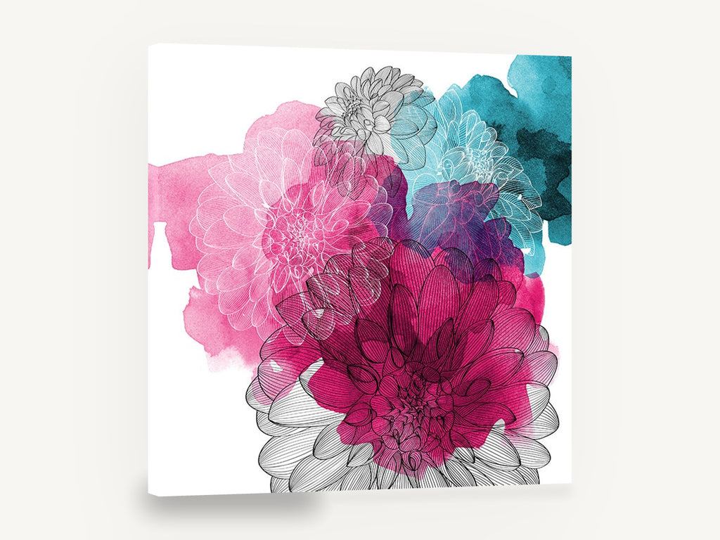 Dahlia Ink Bloom, pink teal dahlia line drawing watercolour, floral canvas wall art print ready to hang