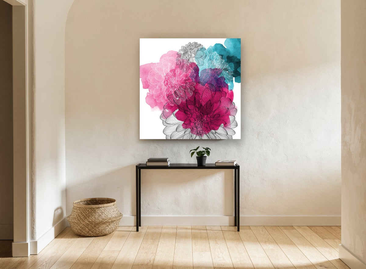 Dahlia Ink Bloom floral canvas print on the wall of a hallway
