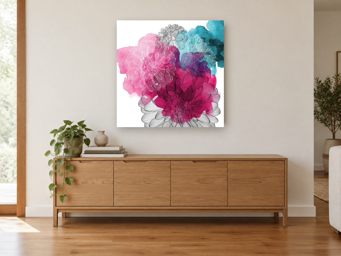Dahlia Ink Bloom floral canvas print on the wall of a living room above a sideboard