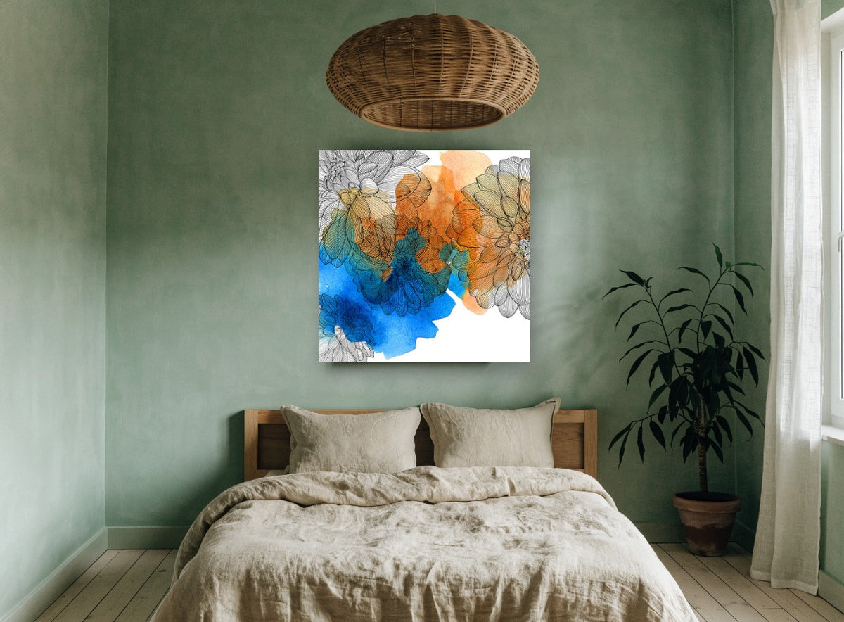 Dahlia Ink and Wash floral canvas print on the wall of a bedroom