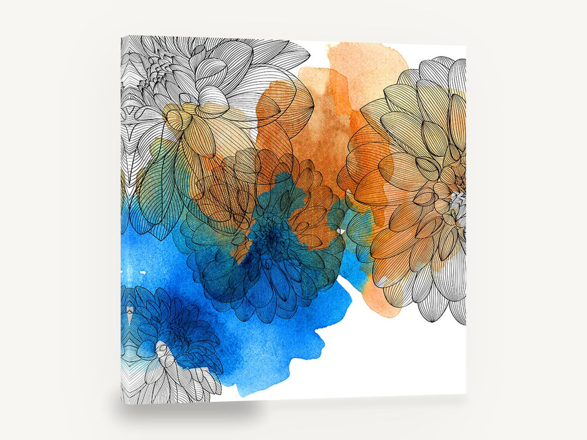 Dahlia Ink and Wash, blue orange dahlia line drawing watercolour, floral canvas wall art print ready to hang