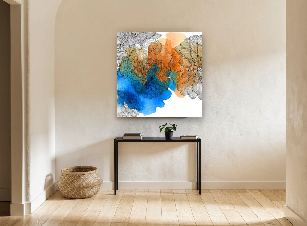 Dahlia Ink and Wash floral canvas print on the wall of a hallway