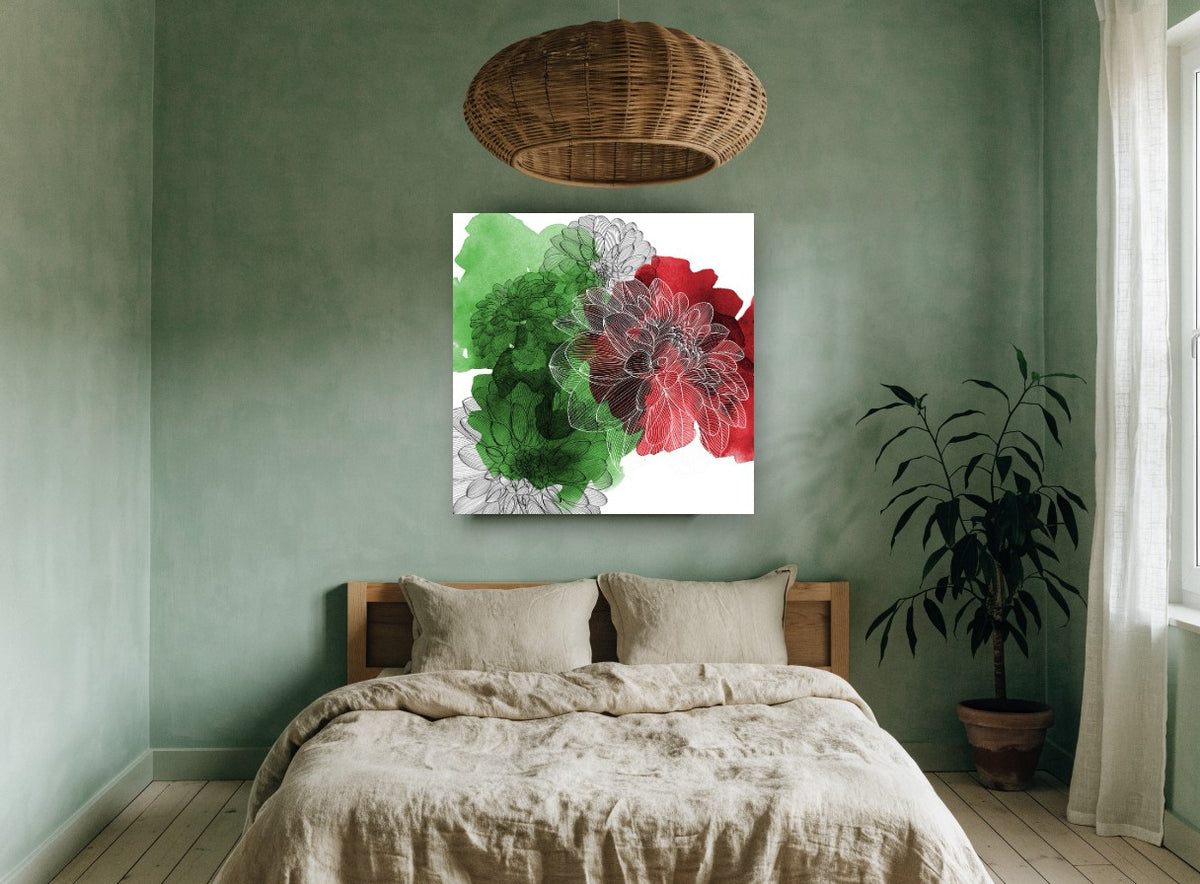 Dahlia Ink on Green floral canvas print on the wall of a bedroom