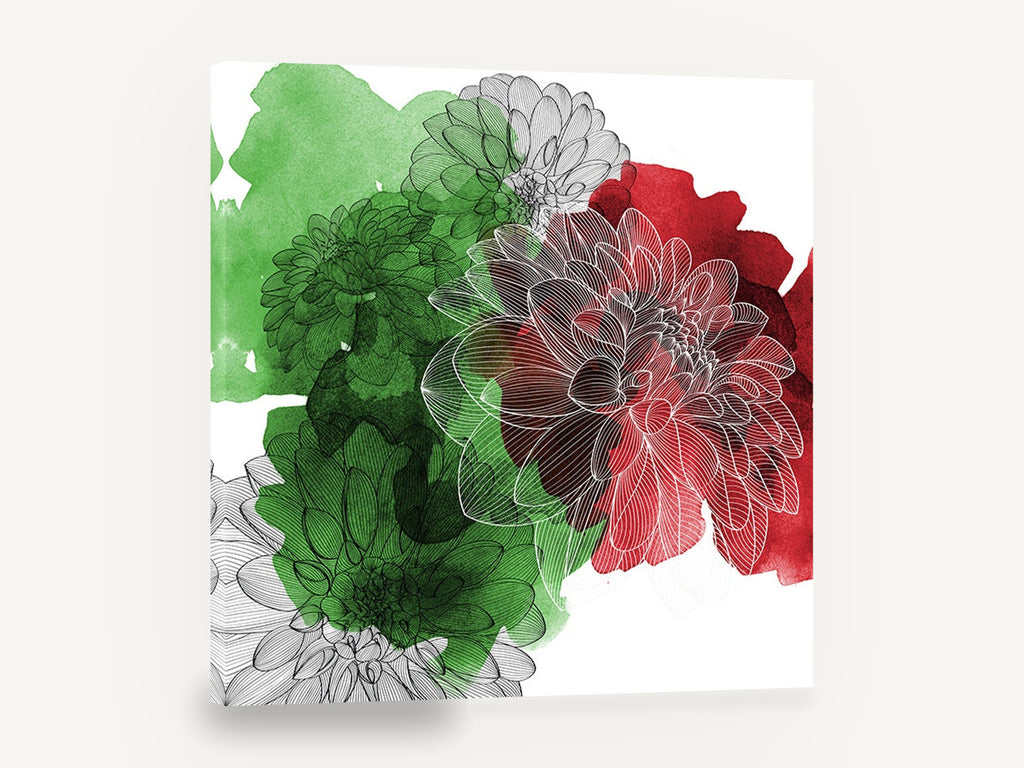 Dahlia Ink on Green, dahlia line drawing red green watercolour, floral canvas wall art print ready to hang
