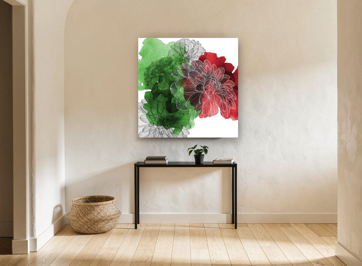 Dahlia Ink on Green floral canvas print on the wall of a hallway