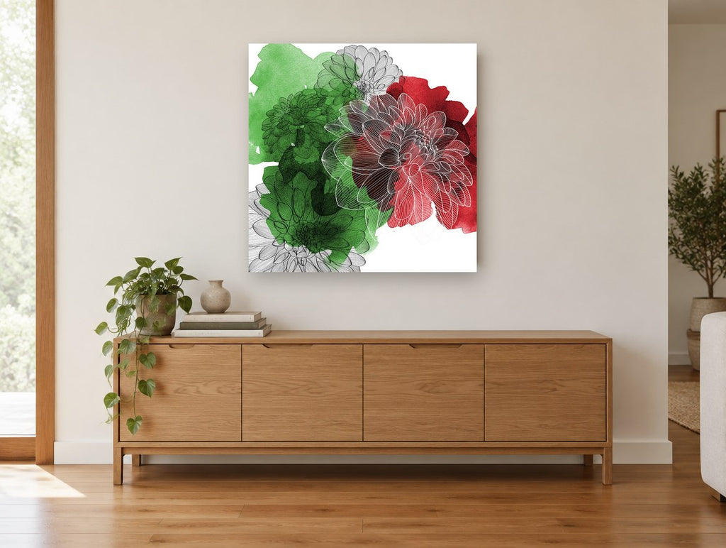 Dahlia Ink on Green floral canvas print on the wall of a living room above a sideboard