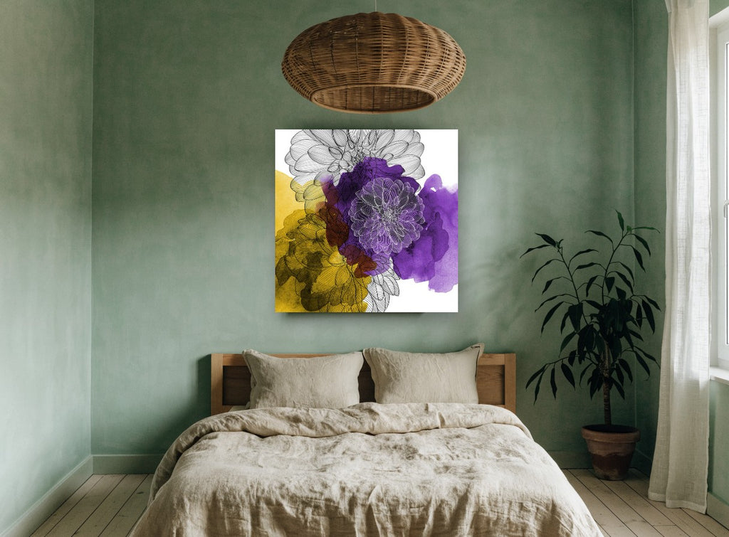 Dahlia Ink Wash floral canvas print on the wall of a bedroom