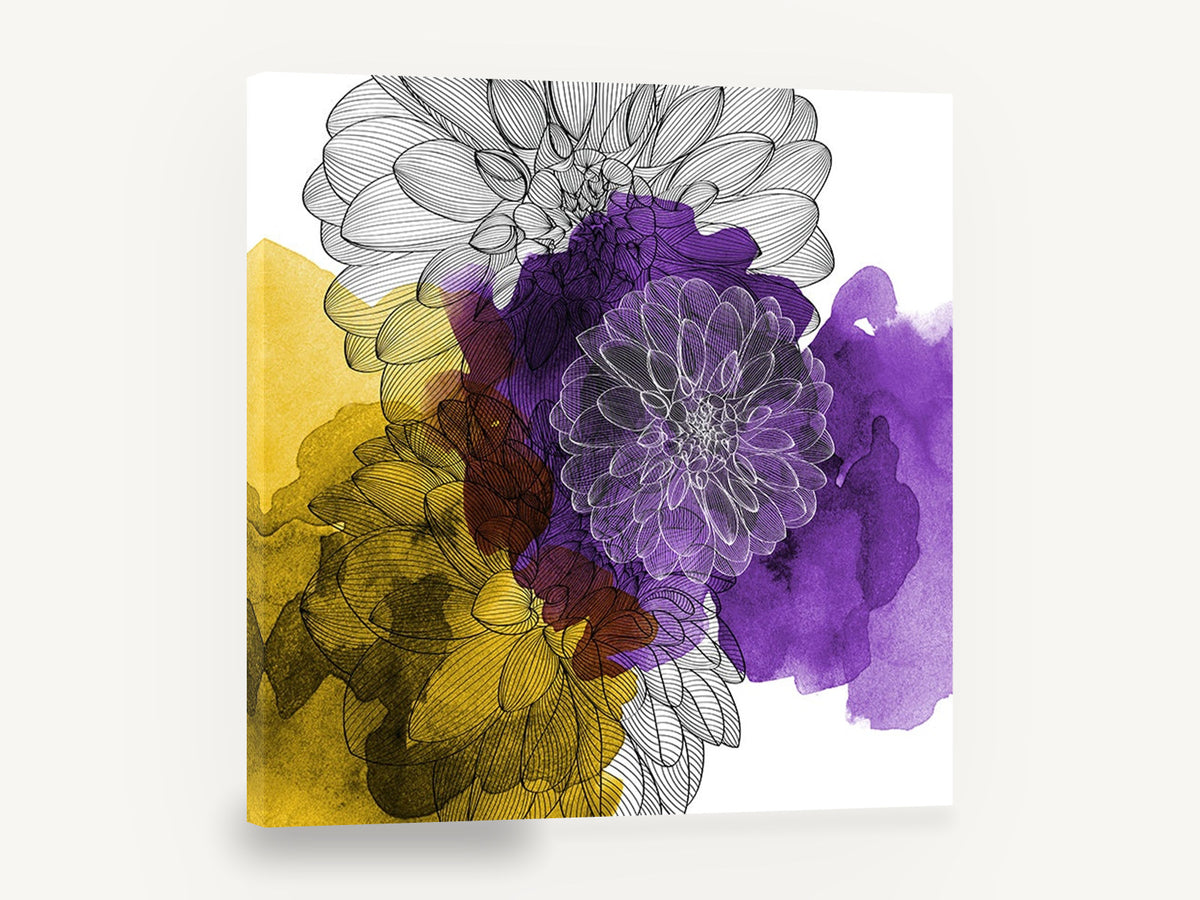 Dahlia Ink Wash, purple mustard dahlia line drawing watercolour, floral canvas wall art print ready to hang