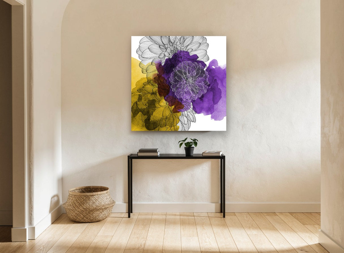 Dahlia Ink Wash floral canvas print on the wall of a hallway