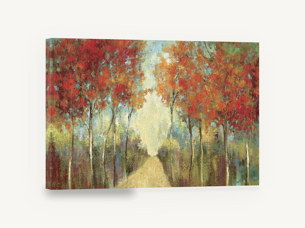 Russet Lane Walk, autumn tree path textured painting, landscape canvas wall art print ready to hang