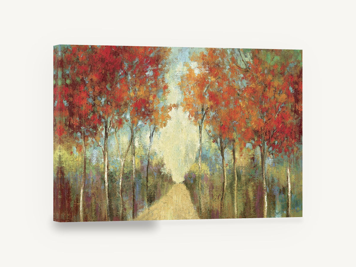 Russet Lane Walk, autumn tree path textured painting, landscape canvas wall art print ready to hang